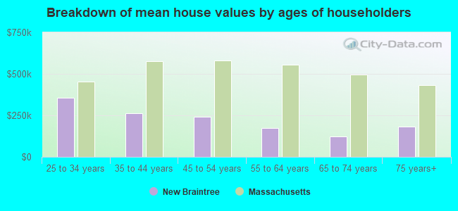 Breakdown of mean house values by ages of householders