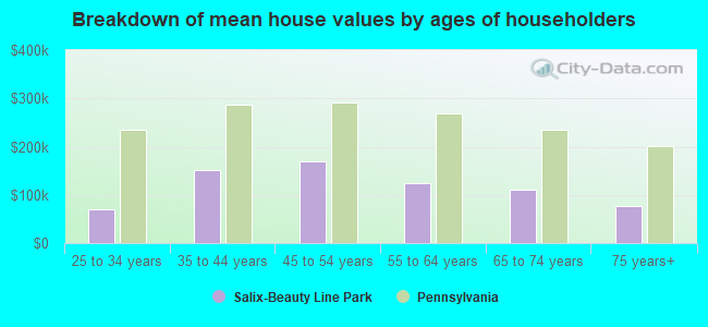 Breakdown of mean house values by ages of householders