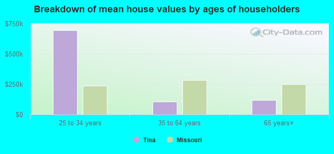 Breakdown of mean house values by ages of householders