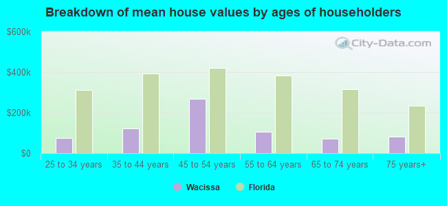 Breakdown of mean house values by ages of householders