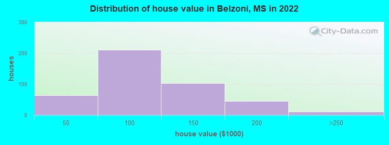 Distribution of house value in Belzoni, MS in 2021