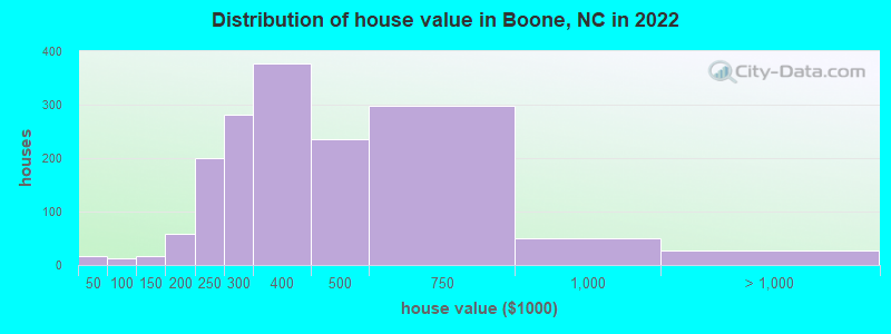 Distribution of house value in Boone, NC in 2021