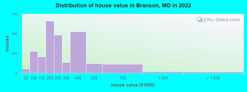 Distribution of house value in Branson, MO in 2019