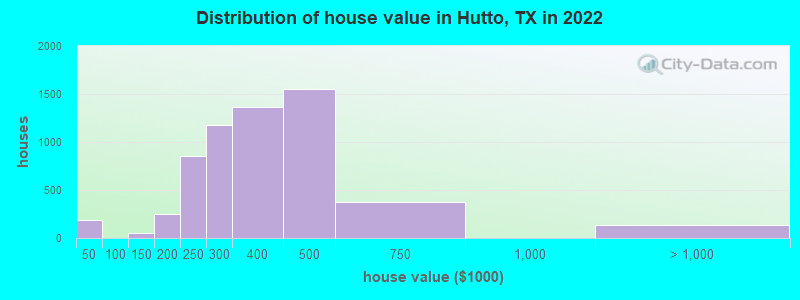 Distribution of house value in Hutto, TX in 2021
