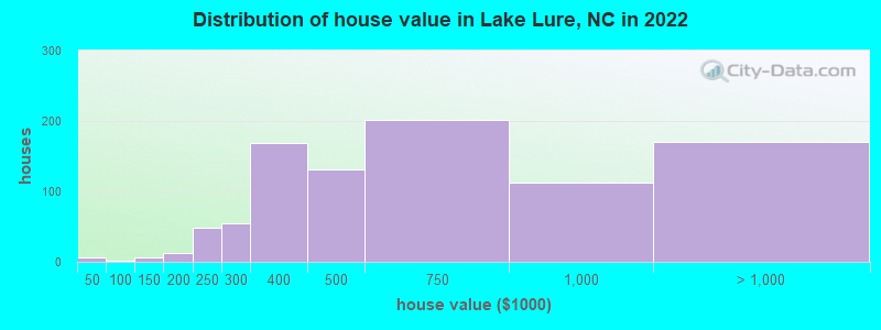 Distribution of house value in Lake Lure, NC in 2019