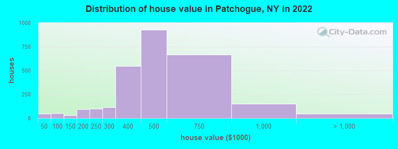 Distribution of house value in Patchogue, NY in 2019