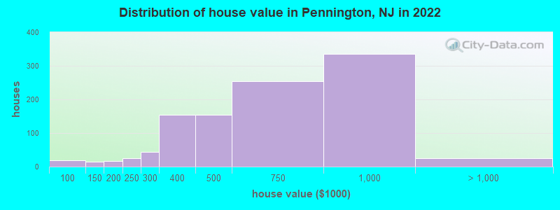 Distribution of house value in Pennington, NJ in 2022