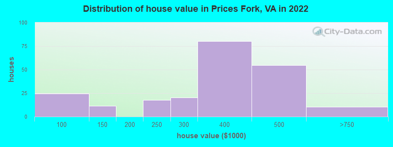 Distribution of house value in Prices Fork, VA in 2022