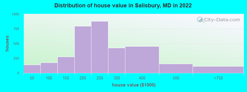 Distribution of house value in Salisbury, MD in 2021