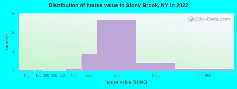 Distribution of house value in Stony Brook, NY in 2021