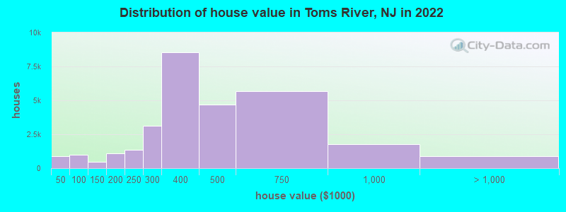 Distribution of house value in Toms River, NJ in 2021