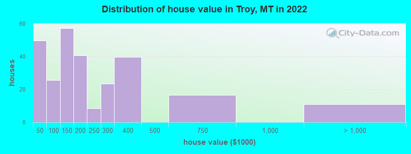 Distribution of house value in Troy, MT in 2021