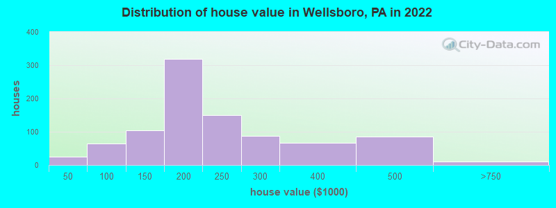Distribution of house value in Wellsboro, PA in 2019