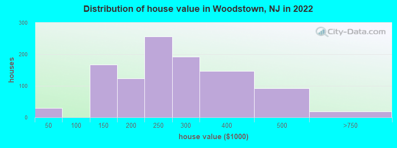 Distribution of house value in Woodstown, NJ in 2022