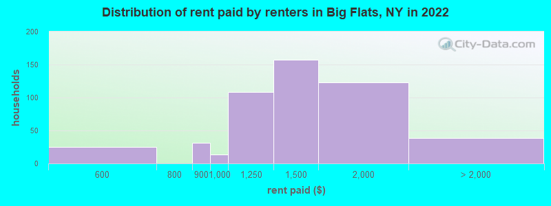 Distribution of rent paid by renters in Big Flats, NY in 2022
