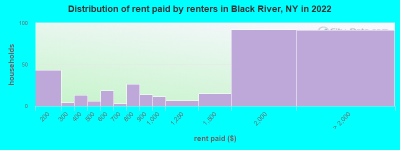Distribution of rent paid by renters in Black River, NY in 2022