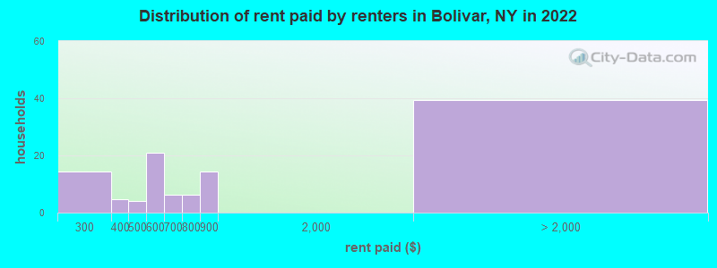 Distribution of rent paid by renters in Bolivar, NY in 2022