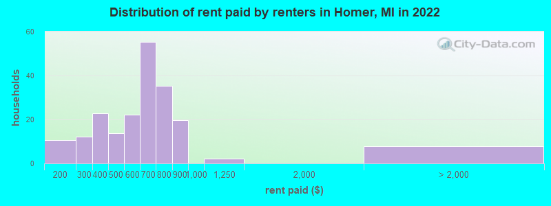 Distribution of rent paid by renters in Homer, MI in 2022