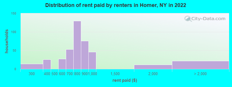 Distribution of rent paid by renters in Homer, NY in 2022