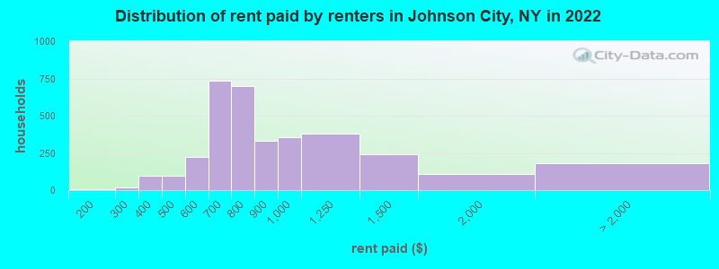 Distribution of rent paid by renters in Johnson City, NY in 2022