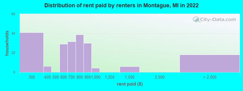 Distribution of rent paid by renters in Montague, MI in 2022