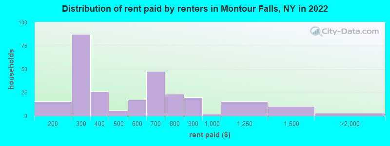 Distribution of rent paid by renters in Montour Falls, NY in 2022