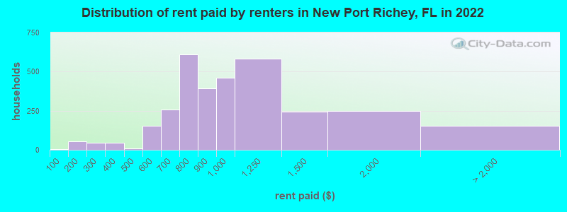 Distribution of rent paid by renters in New Port Richey, FL in 2022