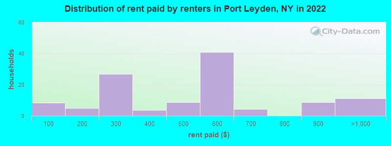 Distribution of rent paid by renters in Port Leyden, NY in 2022