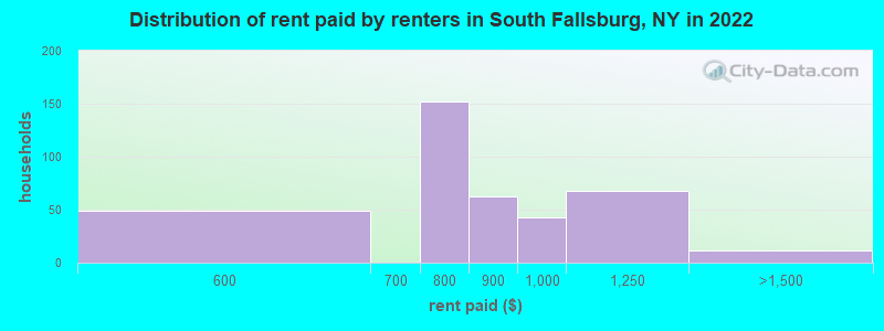 Distribution of rent paid by renters in South Fallsburg, NY in 2022