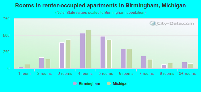 Rooms in renter-occupied apartments in Birmingham, Michigan
