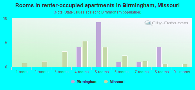 Rooms in renter-occupied apartments in Birmingham, Missouri