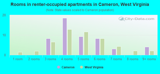 Rooms in renter-occupied apartments in Cameron, West Virginia