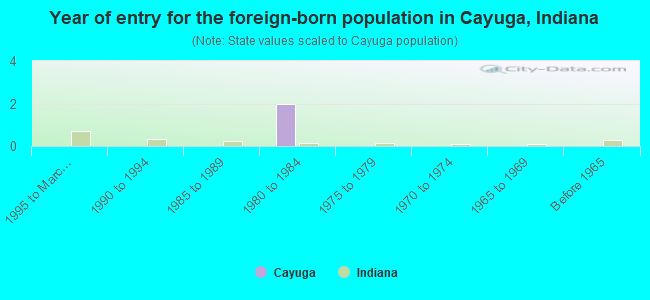 Year of entry for the foreign-born population in Cayuga, Indiana
