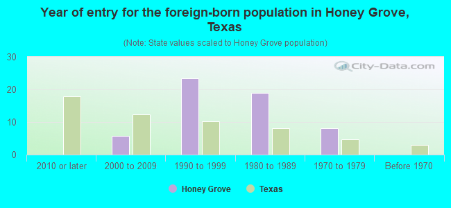 Year of entry for the foreign-born population in Honey Grove, Texas