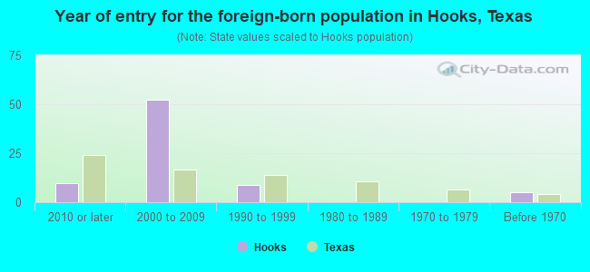 Year of entry for the foreign-born population in Hooks, Texas