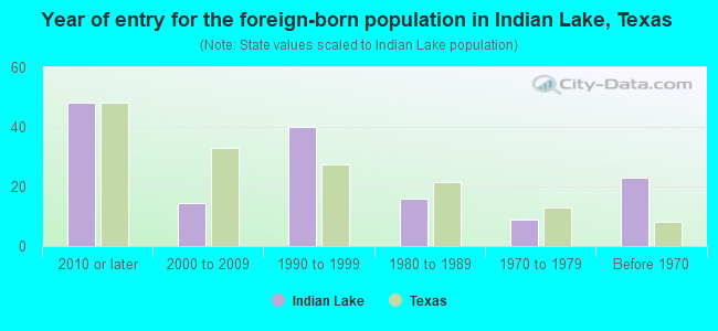 Year of entry for the foreign-born population in Indian Lake, Texas