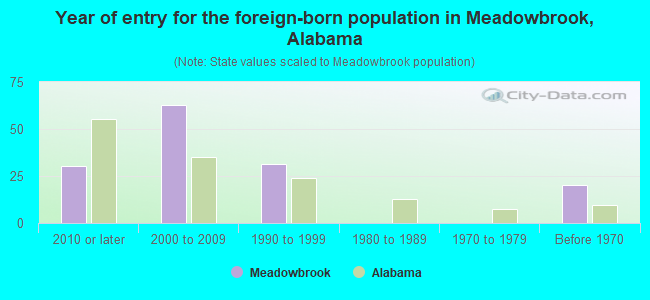 Year of entry for the foreign-born population in Meadowbrook, Alabama