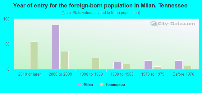 Year of entry for the foreign-born population in Milan, Tennessee
