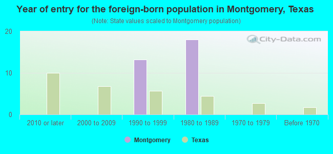 Year of entry for the foreign-born population in Montgomery, Texas