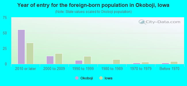 Year of entry for the foreign-born population in Okoboji, Iowa