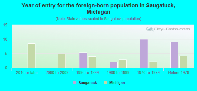 Year of entry for the foreign-born population in Saugatuck, Michigan