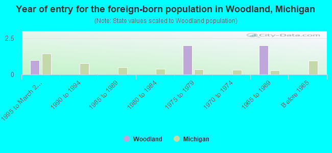 Year of entry for the foreign-born population in Woodland, Michigan