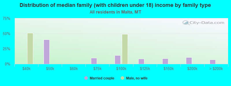 Distribution of median family (with children under 18) income by family type