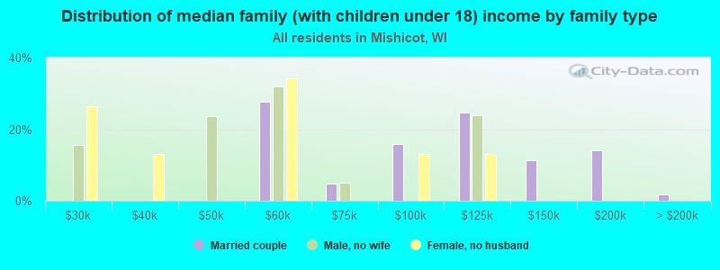 Distribution of median family (with children under 18) income by family type