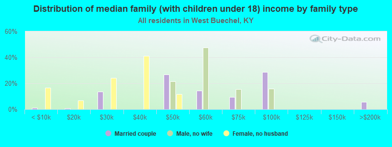 Distribution of median family (with children under 18) income by family type