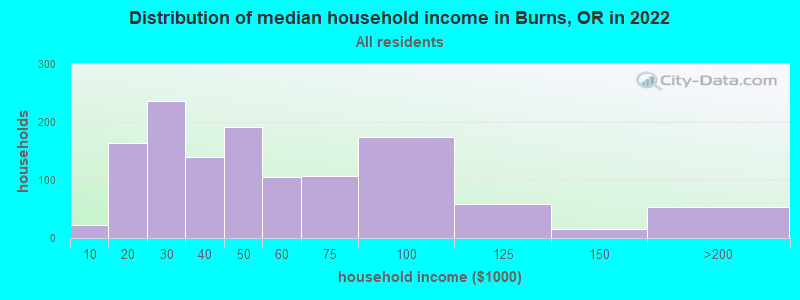 Distribution of median household income in Burns, OR in 2022