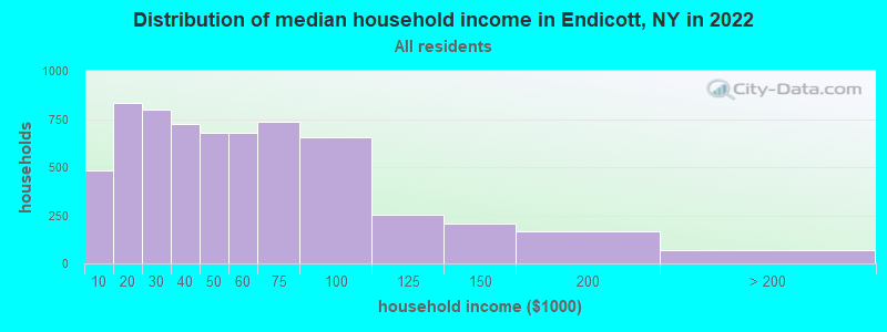 Distribution of median household income in Endicott, NY in 2022