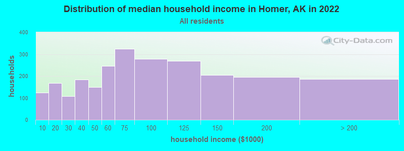 Distribution of median household income in Homer, AK in 2019