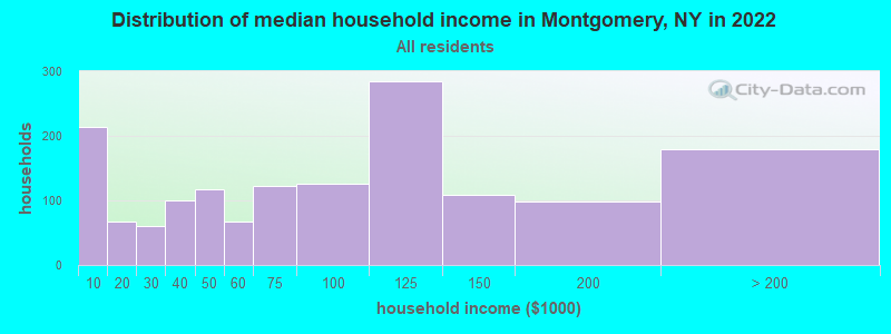 Distribution of median household income in Montgomery, NY in 2019