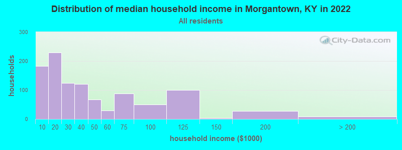 Distribution of median household income in Morgantown, KY in 2022